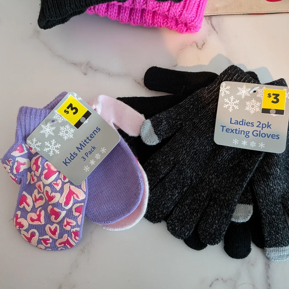 Heart Patterned Kids Mittens 3-Pack - Purple and Pink